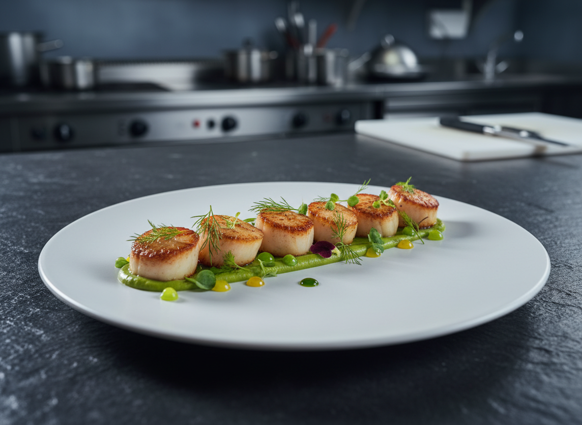 A meticulously plated gourmet dish showcasing seared scallops with a golden, caramelized crust arranged in a precise line on a matte white porcelain plate. Around them, a silky pea purée is swirled in a controlled arc, with micro-herbs and tiny dots of citrus gel adding color and precision. The plate rests on a dark slate countertop in a professional test kitchen, stainless steel surfaces softly blurred in the background. Cool, diffused studio lighting from above and slightly to the side creates crisp highlights on the scallops and gentle shadows for depth. Captured at a slightly elevated, three-quarter angle with a shallow depth of field, the photographic realism and clean, modern aesthetic emphasize mastery, refinement, and technical perfection for a masterchef portfolio homepage.