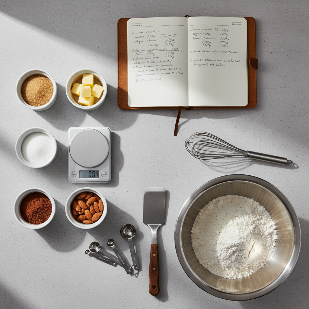 A professional cookbook-style overhead photograph of a carefully arranged recipe development scene on a light concrete countertop. An open leather-bound notebook displays neatly handwritten recipe notes and measurements beside a precise digital scale, small ramekins of pre-measured ingredients, and a gleaming stainless steel mixing bowl filled with sifted flour. Nearby, high-quality utensils—whisk, offset spatula, and measuring spoons—are aligned with intention. Soft, diffused natural light from an unseen window to the left creates gentle shadows and a calm, thoughtful mood, with every detail in sharp focus. The composition uses a balanced, grid-like structure, evoking organization, discipline, and the intellectual side of culinary creation, perfectly suited for a masterchef’s process documentation section.